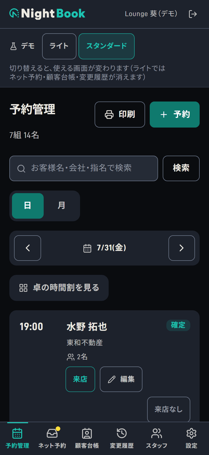 予約管理の画面。その日の予約が時刻順に並ぶ
