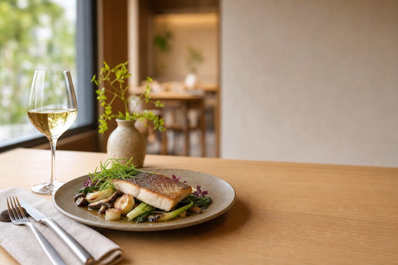 窓際のテーブルに料理とグラスが置かれた、明るい飲食店の店内